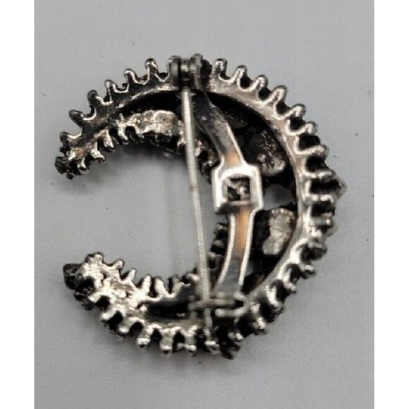 Vintage Clear Rhinestone Crescent Moon Brooch Pin Huge Sparkle Gun Metal Grey - Picture 5 of 5